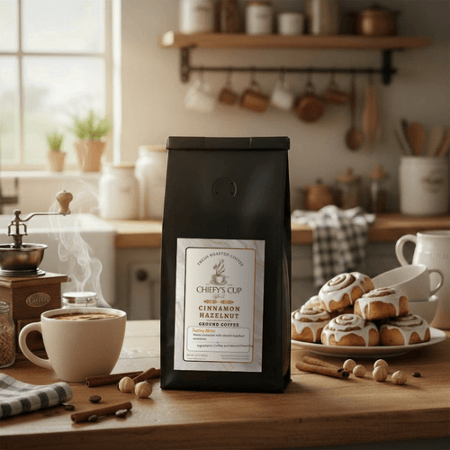 Coffee bag labeled ‘Chiefy’s Cup Cinnamon Hazelnut Coffee’ on a wooden table surrounded by coffee beans, hazelnuts, cinnamon sticks, and a steaming cup of coffee, evoking a cozy, spiced aroma.