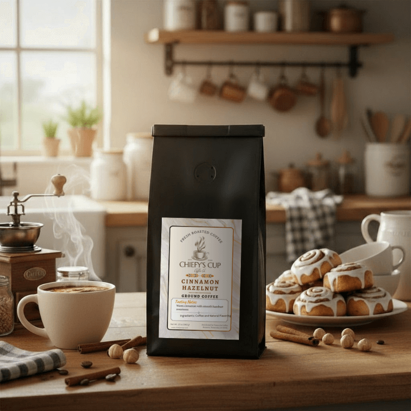Coffee bag labeled ‘Chiefy’s Cup Cinnamon Hazelnut Coffee’ on a wooden table surrounded by coffee beans, hazelnuts, cinnamon sticks, and a steaming cup of coffee, evoking a cozy, spiced aroma.