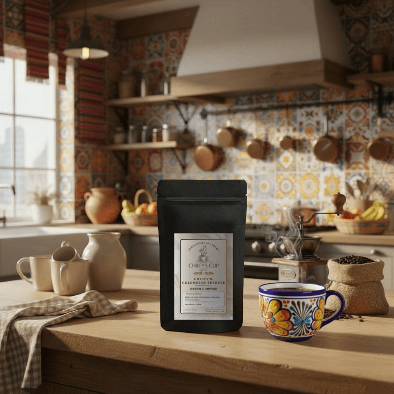Medium roast coffee bag labeled ‘Chiefy’s Cup Colombian Reserve’ placed on a wooden table with scattered coffee beans and a warm cup of coffee beside it, reflecting the smooth and balanced flavor of Colombian coffee.