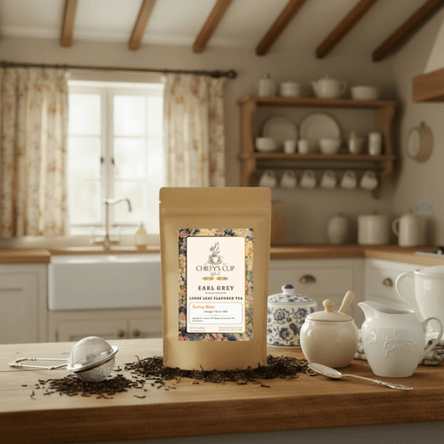 Front view of a brown tea pouch featuring the Chiefy’s Cup logo and Earl Grey Tea label. The pouch rests on a neutral countertop, softly lit to highlight the tea’s elegant and aromatic character.