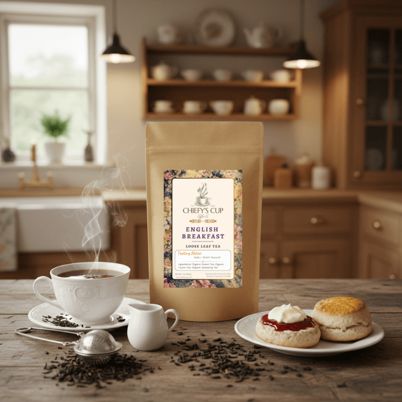 Front view of a brown tea pouch featuring the Chiefy’s Cup logo and English Breakfast Tea label. The pouch is displayed on a warm wooden counter beside a classic teacup filled with rich black tea, softly lit by morning light to convey a cozy, traditional breakfast setting.