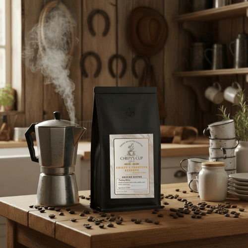 Dark roast coffee bag labeled ‘Chiefy’s Cup Frontier Reserve – Cowboy Blend’ on a rugged wooden table with scattered coffee beans, a tin mug, and a rustic background capturing the spirit of the open frontier.