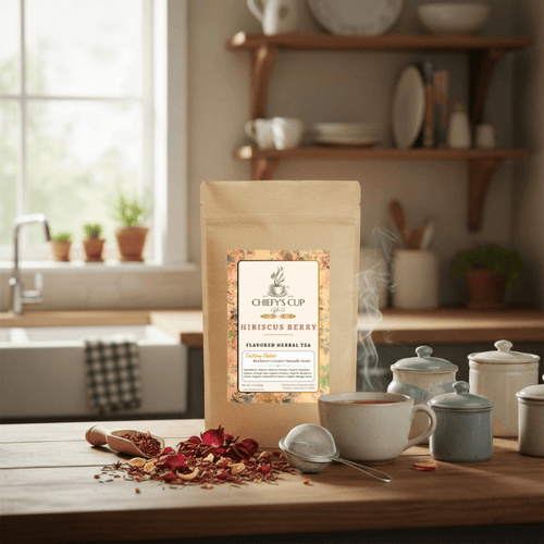 Front view of a brown tea pouch featuring the Chiefy’s Cup logo and Hibiscus Berry Tea label. The pouch is displayed on a clean white surface surrounded by dried hibiscus petals, fresh berries, and a cup of deep red tea, softly lit to emphasize its vibrant, refreshing look.