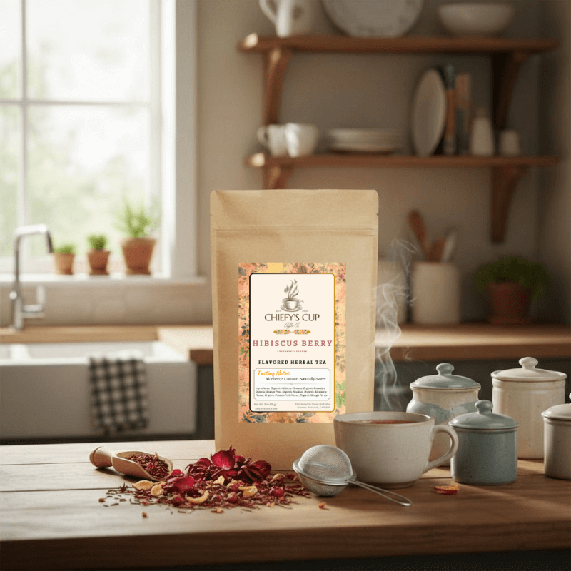 Front view of a brown tea pouch featuring the Chiefy’s Cup logo and Hibiscus Berry Tea label. The pouch is displayed on a clean white surface surrounded by dried hibiscus petals, fresh berries, and a cup of deep red tea, softly lit to emphasize its vibrant, refreshing look.
