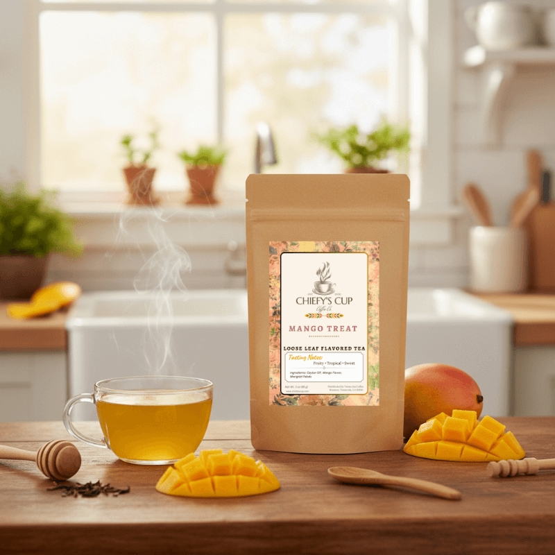 Front view of a brown tea pouch featuring the Chiefy’s Cup logo and Mango Treat Tea label. The pouch is displayed on a light wooden surface beside slices of fresh mango and a teacup with golden tea, softly lit by sunlight to capture its tropical, uplifting vibe.