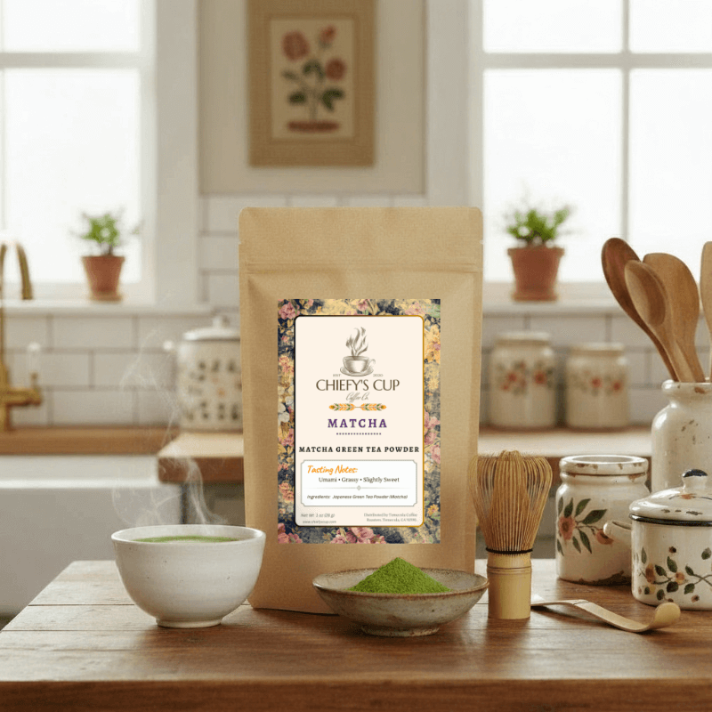 Front view of a brown tea pouch featuring the Chiefy’s Cup logo and Matcha Tea label. The pouch sits on a wooden kitchen counter surrounded by a bowl of bright green matcha powder and a bamboo whisk, softly lit by natural window light to highlight its fresh, earthy tones.
