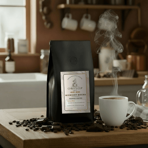 Black coffee bag labeled ‘Chiefy’s Cup Midnight Mocha Coffee’ on a dark wooden table with coffee beans, chocolate pieces, and a steaming cup of coffee, creating a rich and indulgent evening mood.