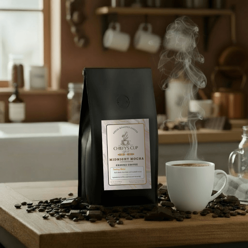 Black coffee bag labeled ‘Chiefy’s Cup Midnight Mocha Coffee’ on a dark wooden table with coffee beans, chocolate pieces, and a steaming cup of coffee, creating a rich and indulgent evening mood.