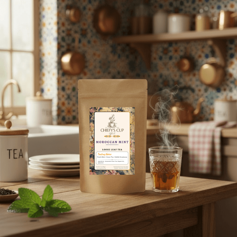 Front view of a brown tea pouch featuring the Chiefy’s Cup logo and Moroccan Mint Tea label. The pouch sits on a natural countertop beside fresh mint leaves and a glass teacup filled with golden-green tea, softly lit to capture its crisp and refreshing essence.
