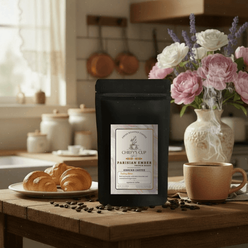 Dark roast coffee bag labeled ‘Chiefy’s Cup Parisian Ember Coffee’ resting on a café-style table with coffee beans, elegant vase with beautiful bouquet of flowers, a steaming cup, and warm amber lighting that evokes the charm and romance of Paris evenings.