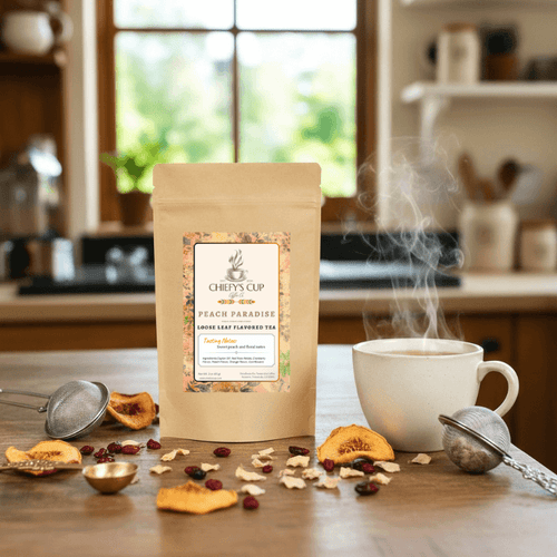 Front view of a brown tea pouch featuring the Chiefy’s Cup logo and Peach Paradise Tea label. The pouch is set on a bright countertop beside fresh peach slices and a steaming teacup, softly lit by natural light to highlight its smooth, fruity character.