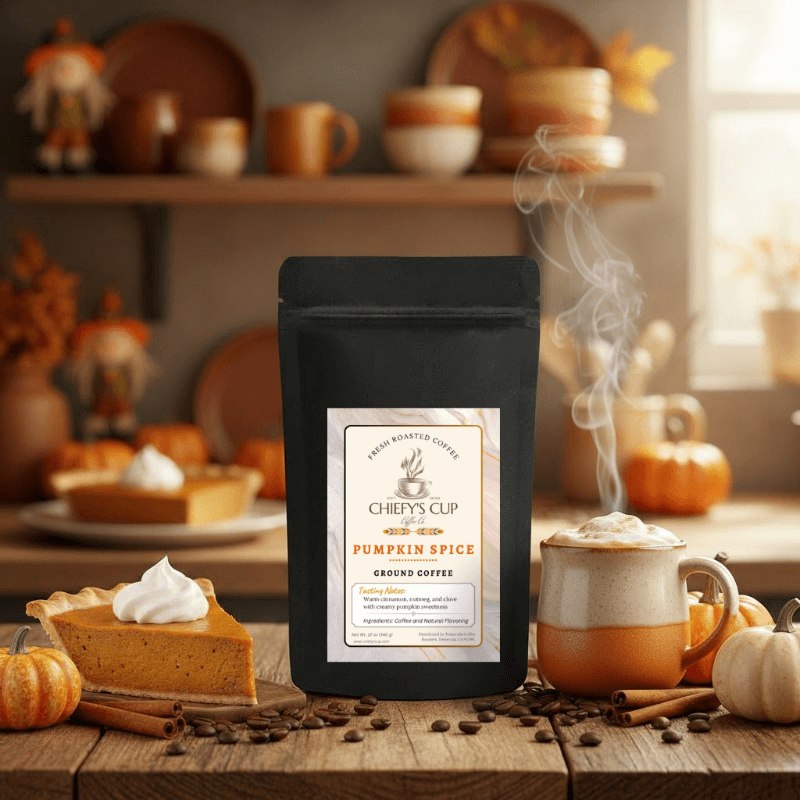 Black coffee bag labeled ‘Chiefy’s Cup Pumpkin Spice Coffee’ on a rustic wooden table surrounded by pumpkins, cinnamon sticks, and a warm cup of coffee, capturing the cozy essence of autumn.