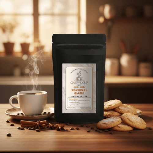 Coffee bag labeled ‘Chiefy’s Cup Seasonal Blend’ displayed on a festive wooden table with coffee beans, a cozy mug, and warm seasonal decor symbolizing the spirit of the holidays.