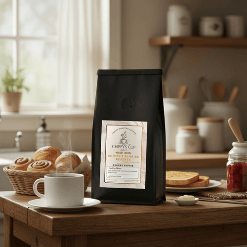 Light roast coffee bag labeled ‘Chiefy’s Cup Sunrise Reserve – Breakfast Blend’ on a cozy kitchen table with a steaming cup of coffee, delicious rolls, and morning sunlight creating a warm, welcoming glow.