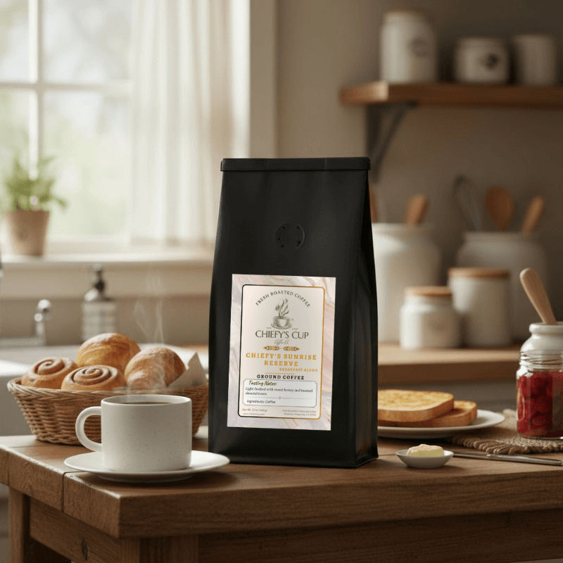 Light roast coffee bag labeled ‘Chiefy’s Cup Sunrise Reserve – Breakfast Blend’ on a cozy kitchen table with a steaming cup of coffee, delicious rolls, and morning sunlight creating a warm, welcoming glow.