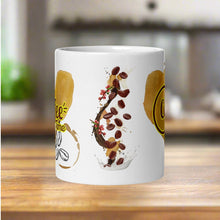 Load image into Gallery viewer, Back side view of white glossy mug with an image design of coffee stains, coffee beans, and pouring milk and coffee in the background.
