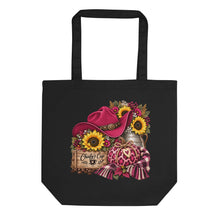 Load image into Gallery viewer, Wild Berry Harvest organic cotton tote bag in black with cowgirl hat, sunflowers, leopard pumpkin and Chiefy’s Cup design
