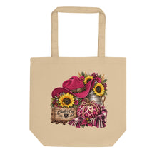 Load image into Gallery viewer, Wild Berry Harvest organic cotton tote bag in natural tan with cowgirl hat, sunflowers, leopard pumpkin and Chiefy’s Cup design
