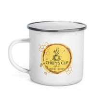 Load image into Gallery viewer, White 12 oz Chiefy's Cup Heritage Gold enamel mug with gold coffee and honeycomb design
