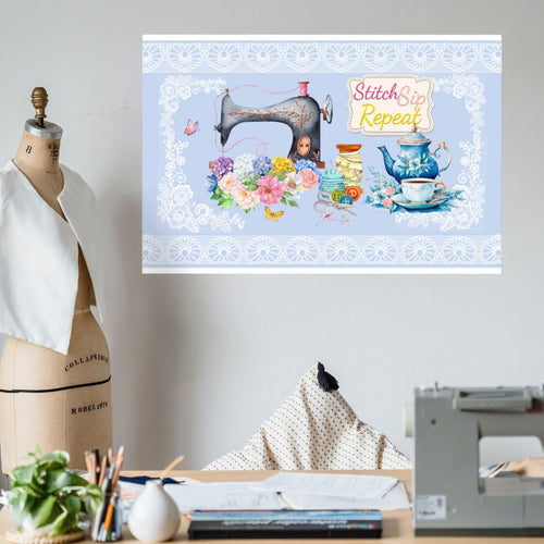 Front view 24″×36″ wall art  with image image phrase stitch sip repeat, with image design vintage sewing machine, with floral bouquet, with sewing accessories, with vintage kettle with cup and saucer, with lace border, with light blue background