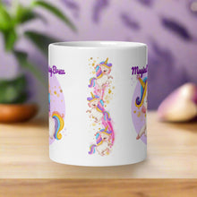 Load image into Gallery viewer, Back side view of the white glossy mug showcasing colorful-maned white unicorns with golden horns, surrounded by golden sparkles on a pink and purple sparkling background.
