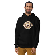 Load image into Gallery viewer, Man wearing a black hoodie with colorful graphic design and text on a white background
