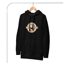 Load image into Gallery viewer, Black hoodie with a white graphic on a hanger against a white background
