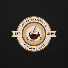 Load image into Gallery viewer, A circular coffee-themed logo or label on a black background, featuring a steaming coffee cup in the center with the text 'CHIEFY'S CUP COFFEE CO.' and 'PREMIUM COFFEE,' plus 'EST 2020.
