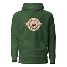 Load image into Gallery viewer, A green pullover hoodie with a circular coffee-themed graphic on the chest. The graphic features a coffee cup illustration and the text 'Chiefy's Cup Coffee Co' and 'Premium Coffee' along with 'EST 2020.
