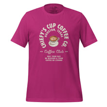 Load image into Gallery viewer, unisex berry t-shirt with image phrase chiefys cup coffee club, with phrase may your day be blessed and your coffee be strong, with image graphic of a cup with coffee , heart shaped froth in cup
