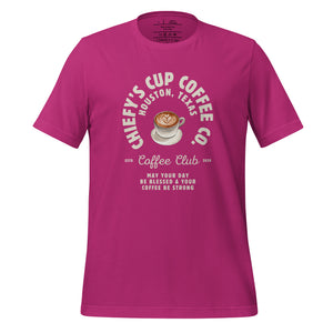 unisex berry t-shirt with image phrase chiefys cup coffee club, with phrase may your day be blessed and your coffee be strong, with image graphic of a cup with coffee , heart shaped froth in cup