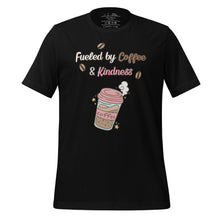 Load image into Gallery viewer, unisex black t-shirt with image phrase fueled by coffee and kindness, with image graphic of a pink cup with coffee and steam, coffee beans, gold sparkles
