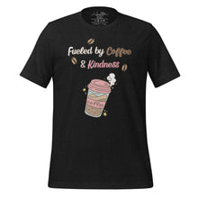 Load image into Gallery viewer, unisex black heather t-shirt with image phrase fueled by coffee and kindness, with image graphic of a pink cup with coffee and steam, coffee beans, gold sparkles
