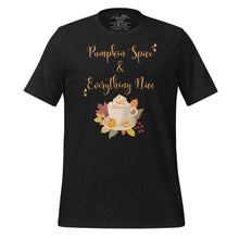 Load image into Gallery viewer, unisex black heather t-shirt with image phrase Pumpkin spice and everything nice, with image graphic of a cup with pumpkin spice coffee and cream, fall leaves, mini pumpkin
