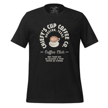 Load image into Gallery viewer, unisex black heather t-shirt with image phrase chiefys cup coffee club, with phrase may your day be blessed and your coffee be strong, with image graphic of a cup with coffee , heart shaped froth in cup
