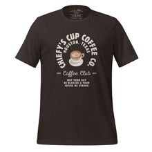 Load image into Gallery viewer, unisex brown t-shirt with image phrase chiefys cup coffee club, with phrase may your day be blessed and your coffee be strong, with image graphic of a cup with coffee , heart shaped froth in cup
