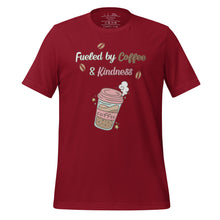 Load image into Gallery viewer, unisex cardinal t-shirt with image phrase fueled by coffee and kindness, with image graphic of a pink cup with coffee and steam, coffee beans, gold sparkles
