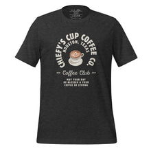 Load image into Gallery viewer, unisex dark grey heather t-shirt with image phrase chiefys cup coffee club, with phrase may your day be blessed and your coffee be strong, with image graphic of a cup with coffee , heart shaped froth in cup
