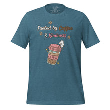 Load image into Gallery viewer, unisex heather deep teal t-shirt with image phrase fueled by coffee and kindness, with image graphic of a pink cup with coffee and steam, coffee beans, gold sparkles
