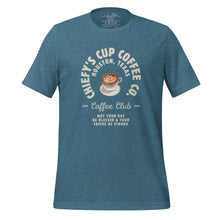 Load image into Gallery viewer, unisex heather deep teal t-shirt with image phrase chiefys cup coffee club, with phrase may your day be blessed and your coffee be strong, with image graphic of a cup with coffee , heart shaped froth in cup
