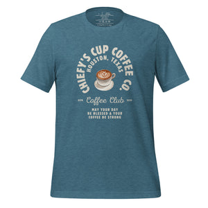 unisex heather deep teal t-shirt with image phrase chiefys cup coffee club, with phrase may your day be blessed and your coffee be strong, with image graphic of a cup with coffee , heart shaped froth in cup