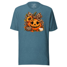 Load image into Gallery viewer, A heather deep teal crewneck t-shirt featuring a graphic of a jack-o'-lantern decorated with leopard-print bows, sunflowers, and autumn leaves, displayed on a clean white background.
