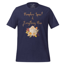 Load image into Gallery viewer, unisex heather midnight blue t-shirt with image phrase Pumpkin spice and everything nice, with image graphic of a cup with pumpkin spice coffee and cream, fall leaves, mini pumpkin
