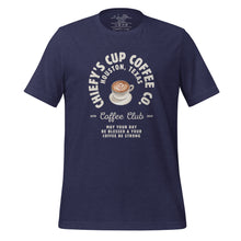 Load image into Gallery viewer, unisex heather midnight t-shirt with image phrase chiefys cup coffee club, with phrase may your day be blessed and your coffee be strong, with image graphic of a cup with coffee , heart shaped froth in cup
