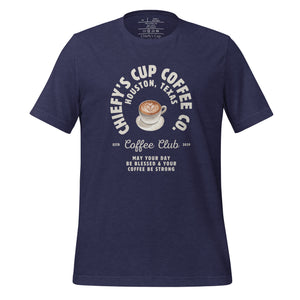 unisex heather midnight t-shirt with image phrase chiefys cup coffee club, with phrase may your day be blessed and your coffee be strong, with image graphic of a cup with coffee , heart shaped froth in cup