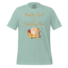 Load image into Gallery viewer, unisex heather dusty blue t-shirt with image phrase Pumpkin spice and everything nice, with image graphic of a cup with pumpkin spice coffee and cream, fall leaves, mini pumpkin
