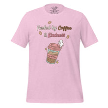 Load image into Gallery viewer, unisex heather prism lilac t-shirt with image phrase fueled by coffee and kindness, with image graphic of a pink cup with coffee and steam, coffee beans, gold sparkles
