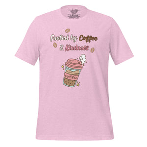 unisex heather prism lilac t-shirt with image phrase fueled by coffee and kindness, with image graphic of a pink cup with coffee and steam, coffee beans, gold sparkles