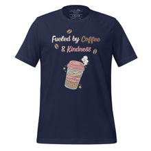 Load image into Gallery viewer, unisex navy t-shirt with image phrase fueled by coffee and kindness, with image graphic of a pink cup with coffee and steam, coffee beans, gold sparkles
