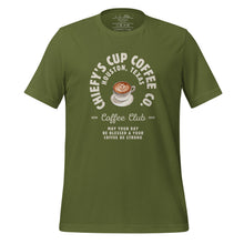 Load image into Gallery viewer, unisex olive t-shirt with image phrase chiefys cup coffee club, with phrase may your day be blessed and your coffee be strong, with image graphic of a cup with coffee , heart shaped froth in cup
